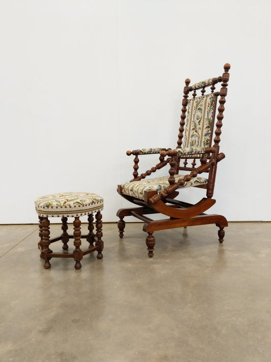 Antique Danish Rocking Chair with Foot Stool