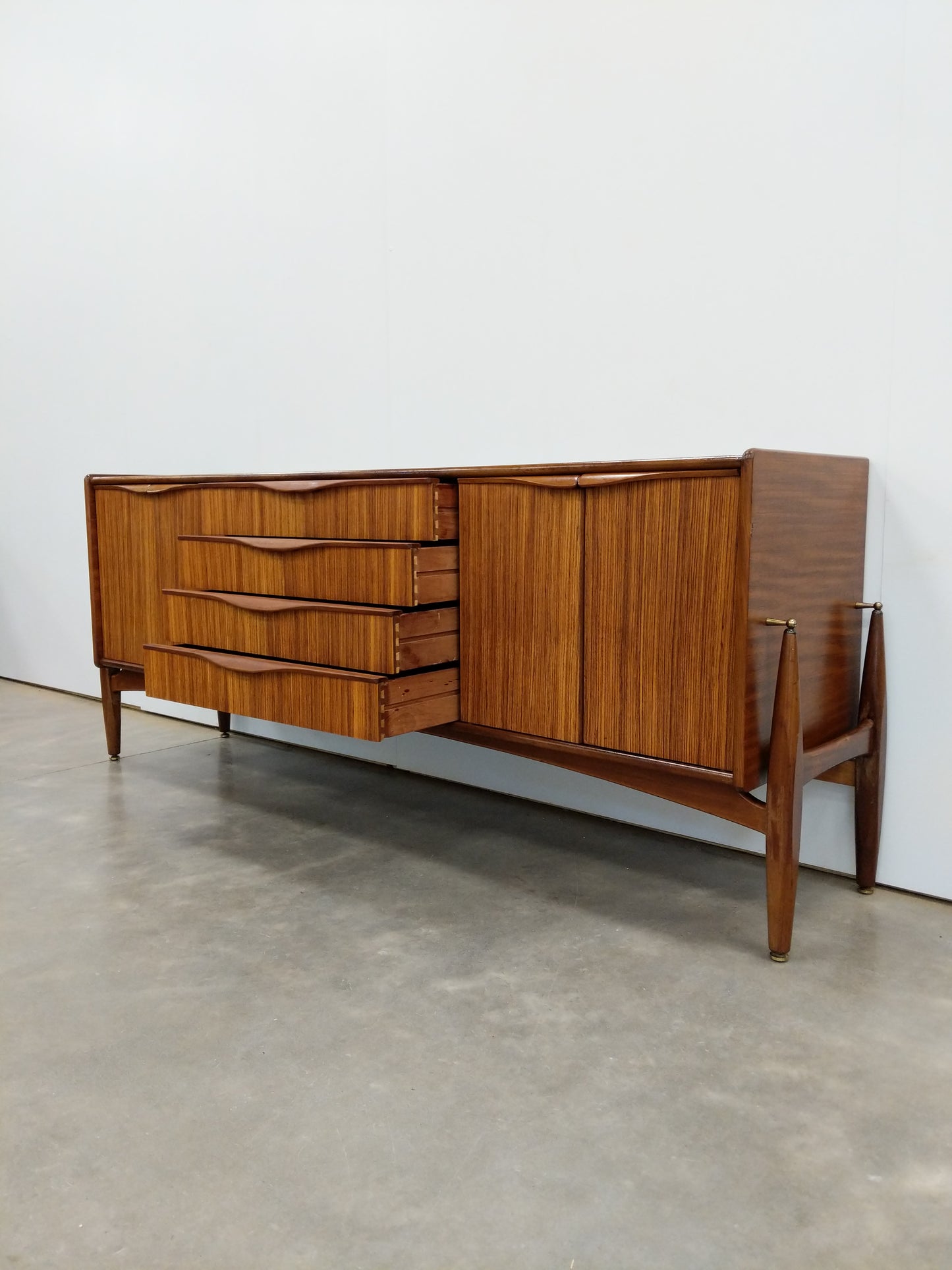 Vintage Mid Century Modern Zebrano Credenza by Elliotts of Newbury