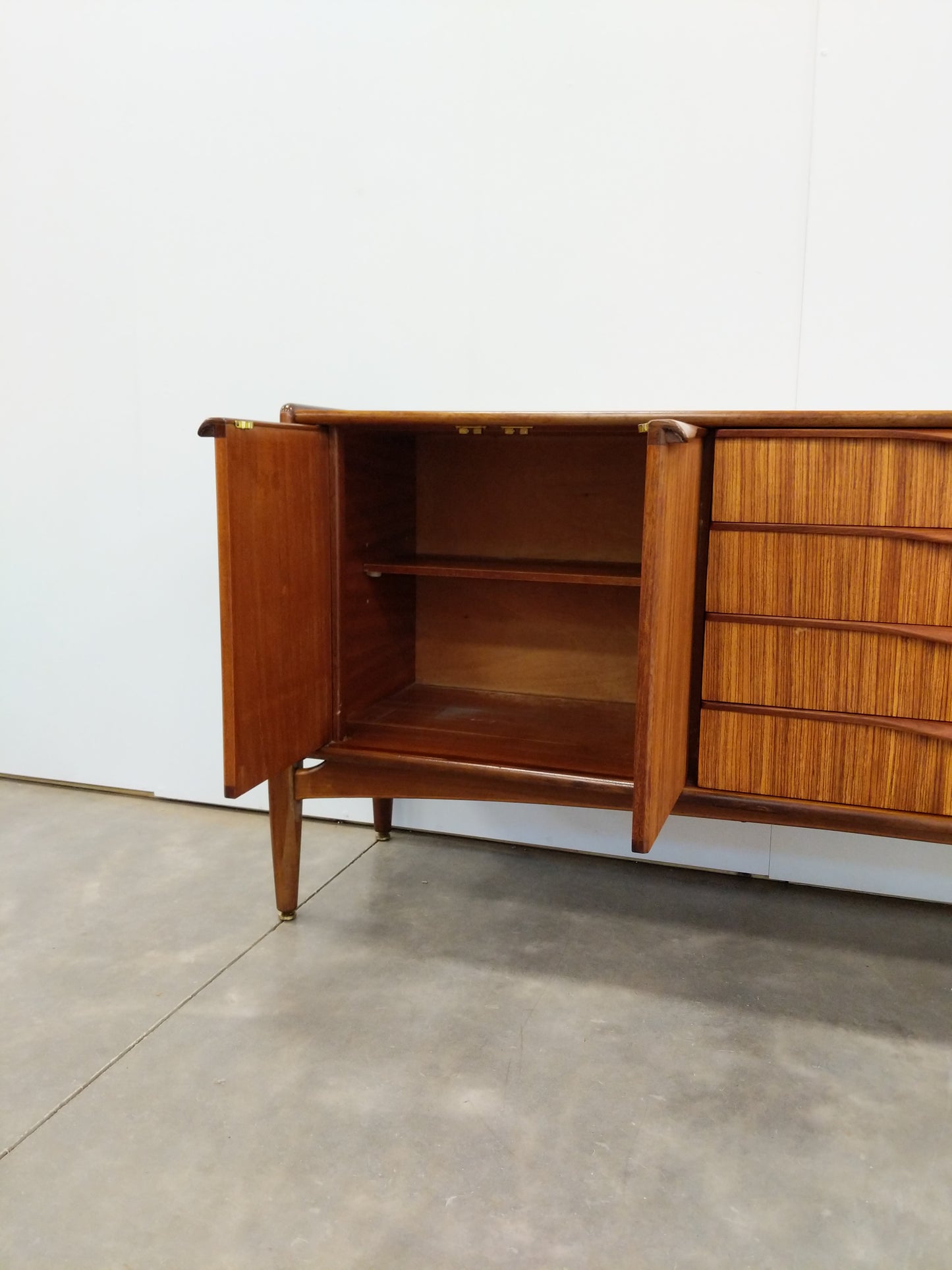 Vintage Mid Century Modern Zebrano Credenza by Elliotts of Newbury