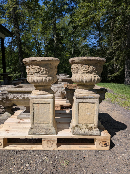 Pair of British Cast Stone Planters on Plinths