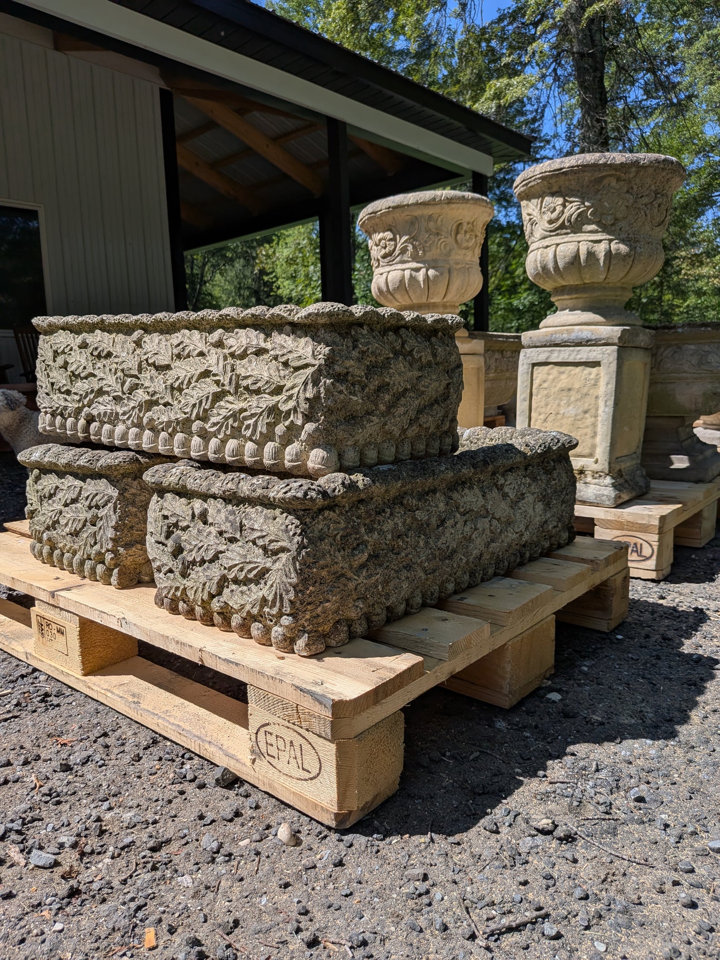 Set of 3 British Cast Stone Trough Planters / Jardinieres