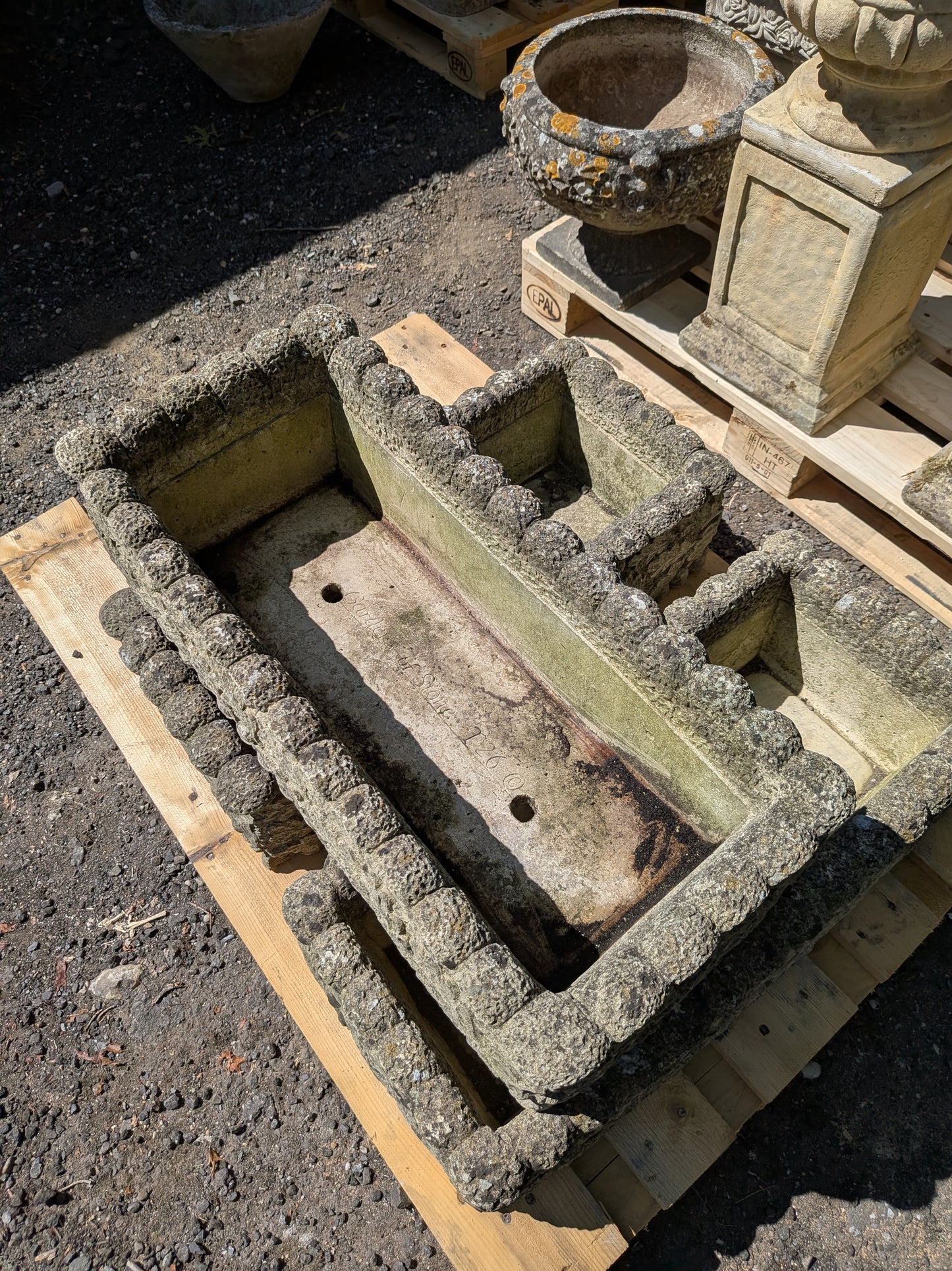 Set of 3 British Cast Stone Trough Planters / Jardinieres
