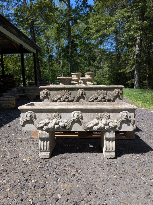 Pair of British Cast Stone Trough Planters on Pedestals
