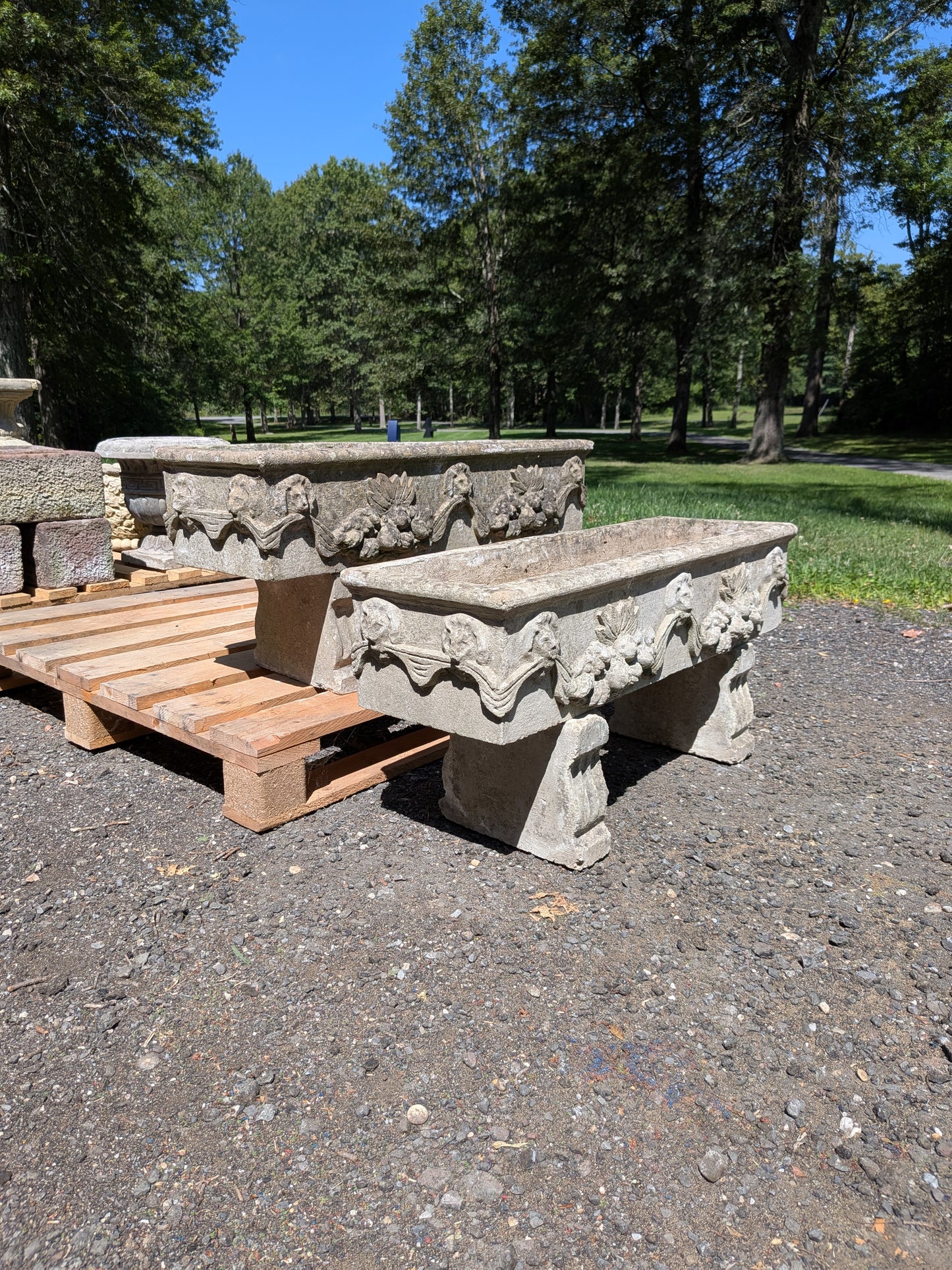 Pair of British Cast Stone Trough Planters on Pedestals