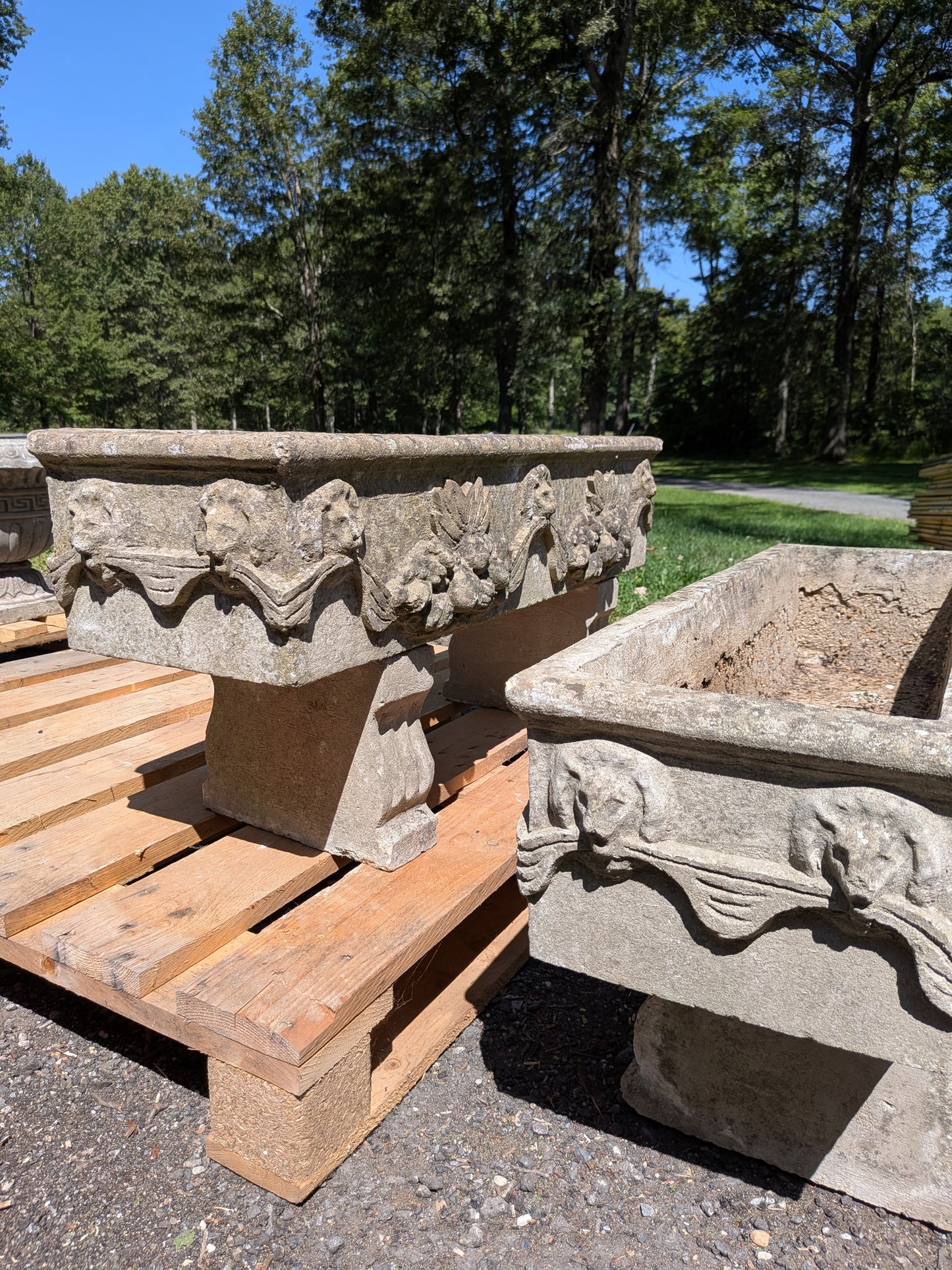 Pair of British Cast Stone Trough Planters on Pedestals