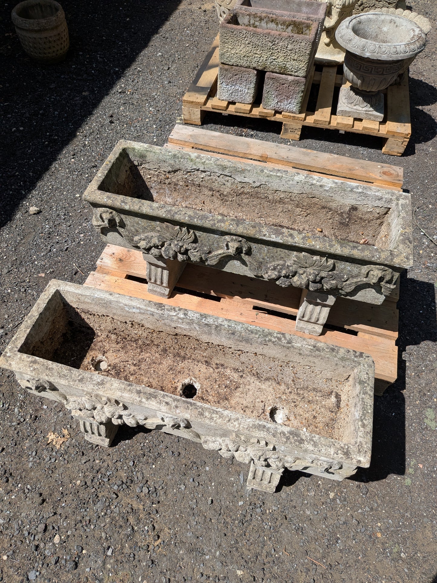 Pair of British Cast Stone Trough Planters on Pedestals