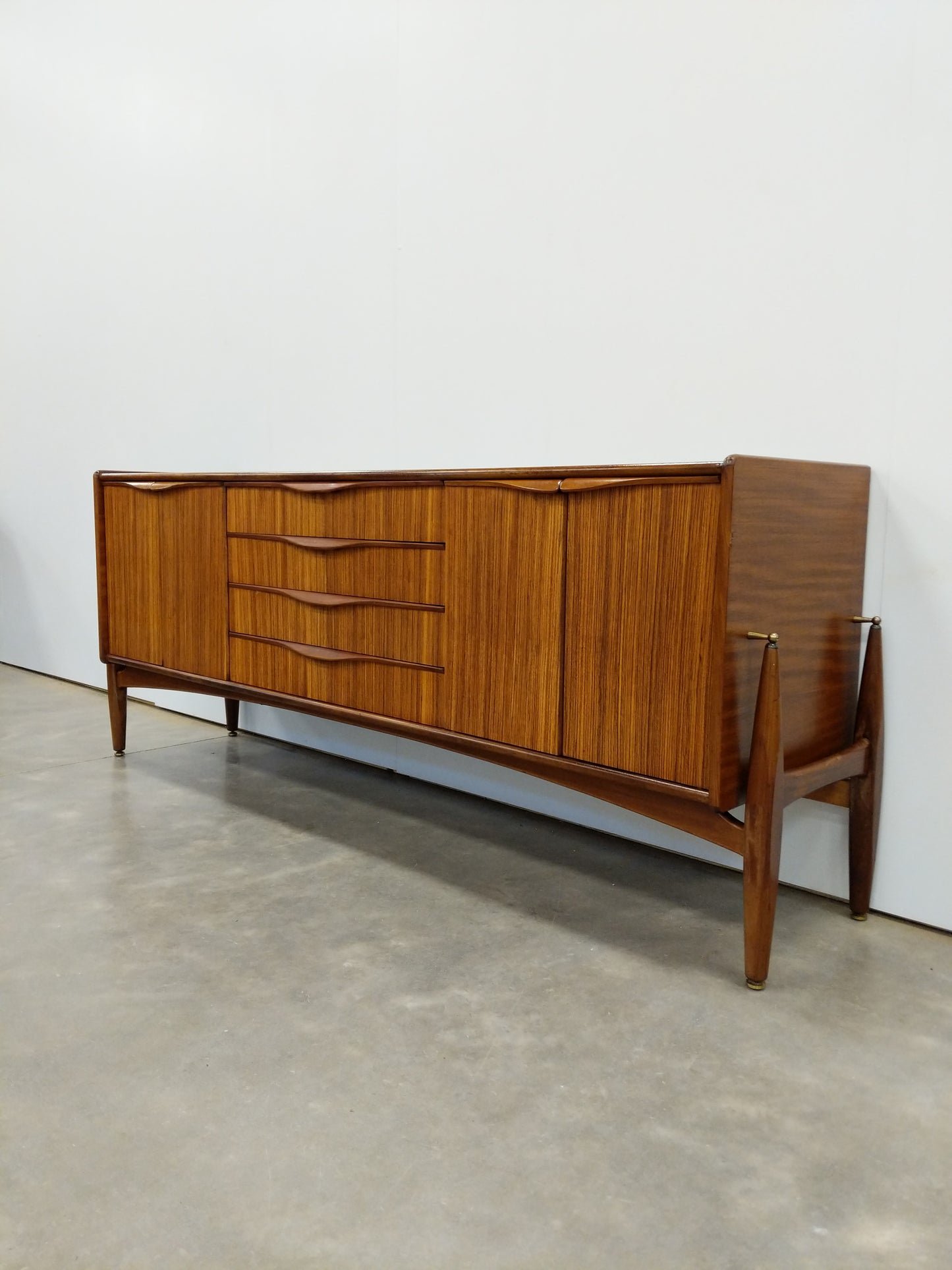 Vintage Mid Century Modern Zebrano Credenza by Elliotts of Newbury