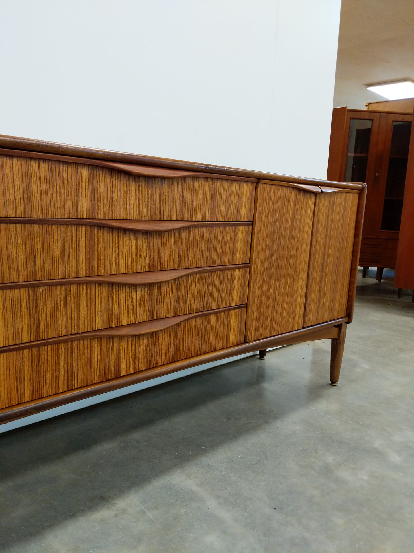 Vintage Mid Century Modern Zebrano Credenza by Elliotts of Newbury