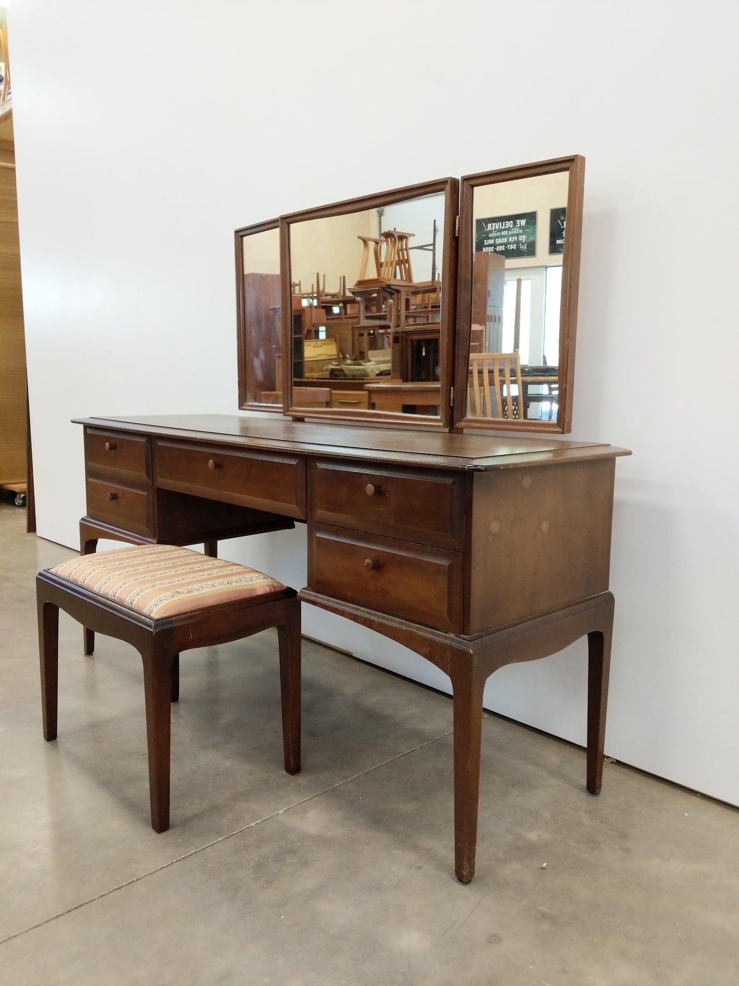 Vintage Mid Century Modern Dressing Table / Desk with Stool by Stag