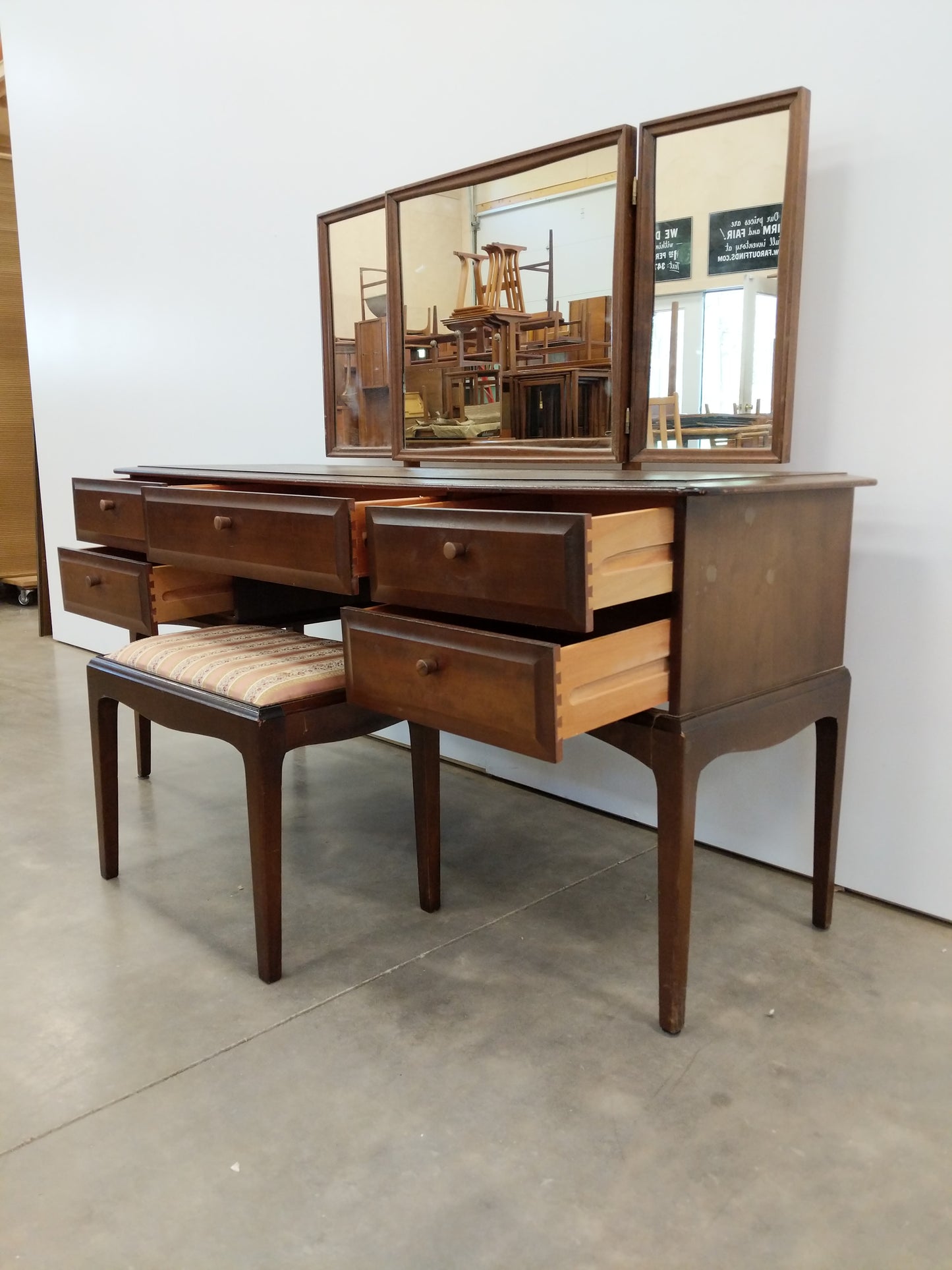 Vintage Mid Century Modern Dressing Table / Desk with Stool by Stag