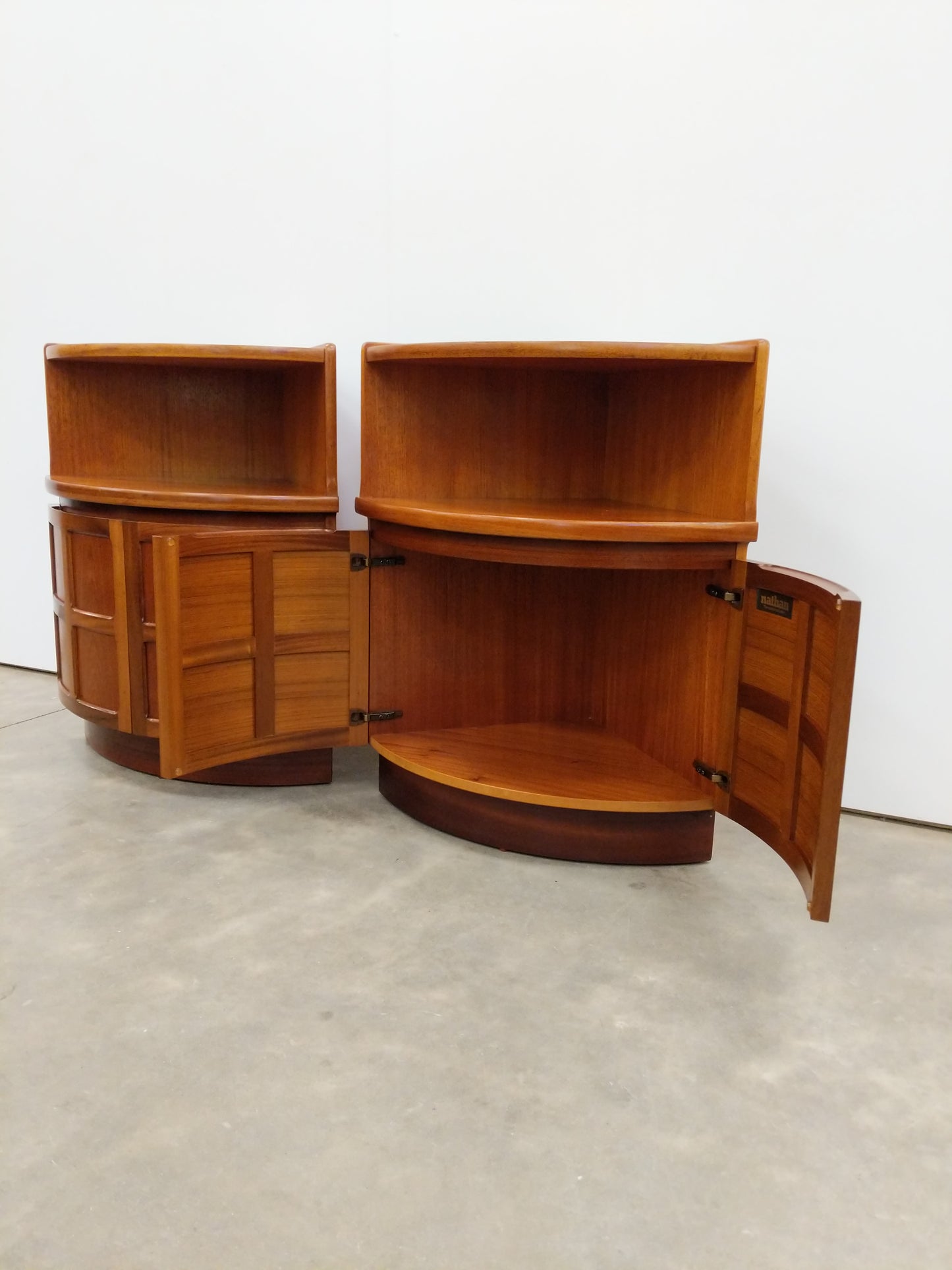 Pair of Vintage Mid Century Modern Teak Low Corner Cabinets by Nathan