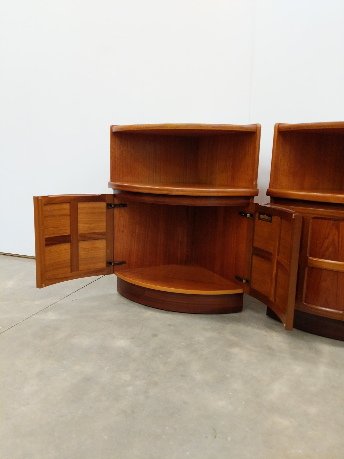 Pair of Vintage Mid Century Modern Teak Low Corner Cabinets by Nathan