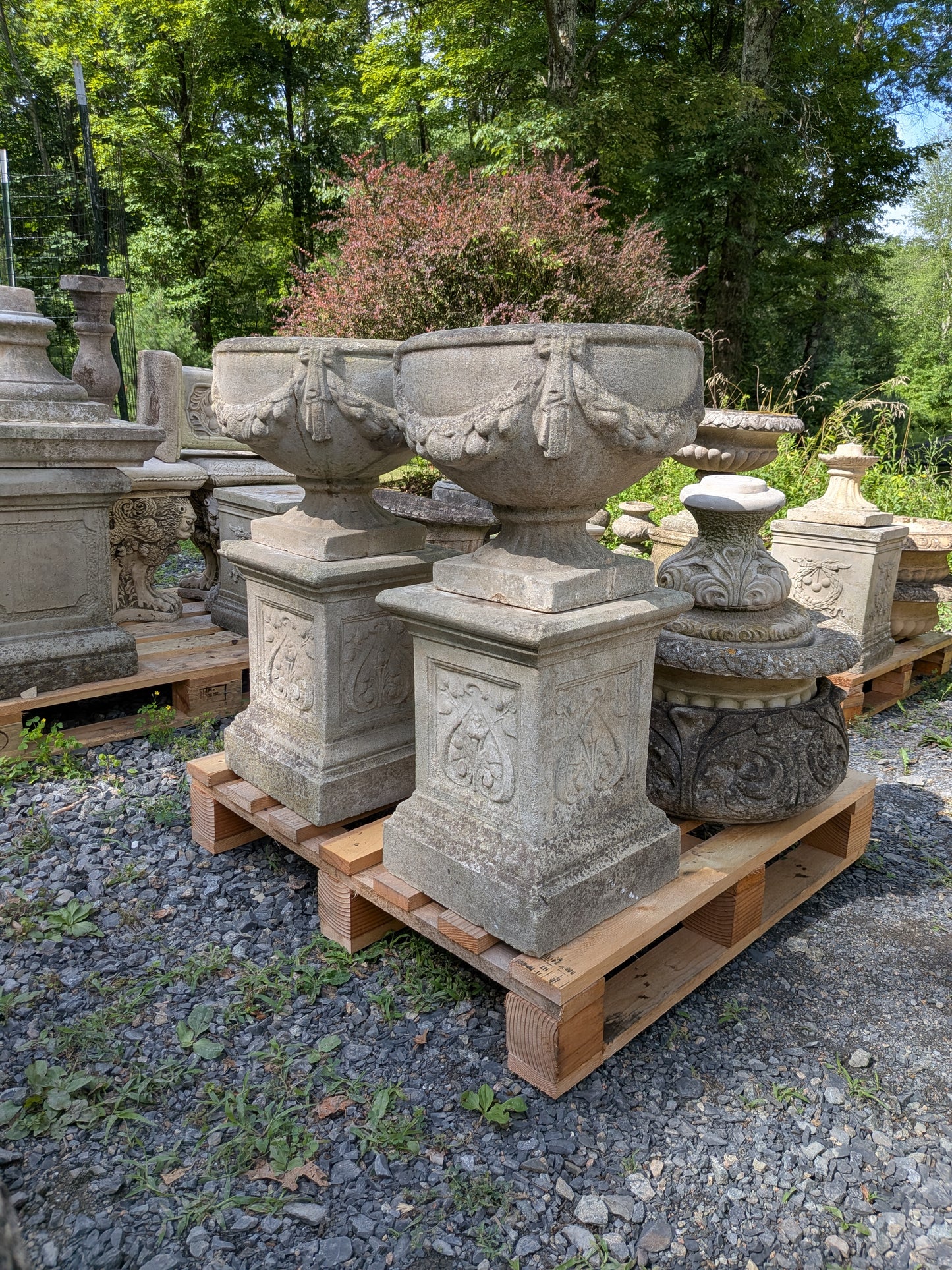 Pair of British Cast Stone Planters / Jardinieres on Plinths