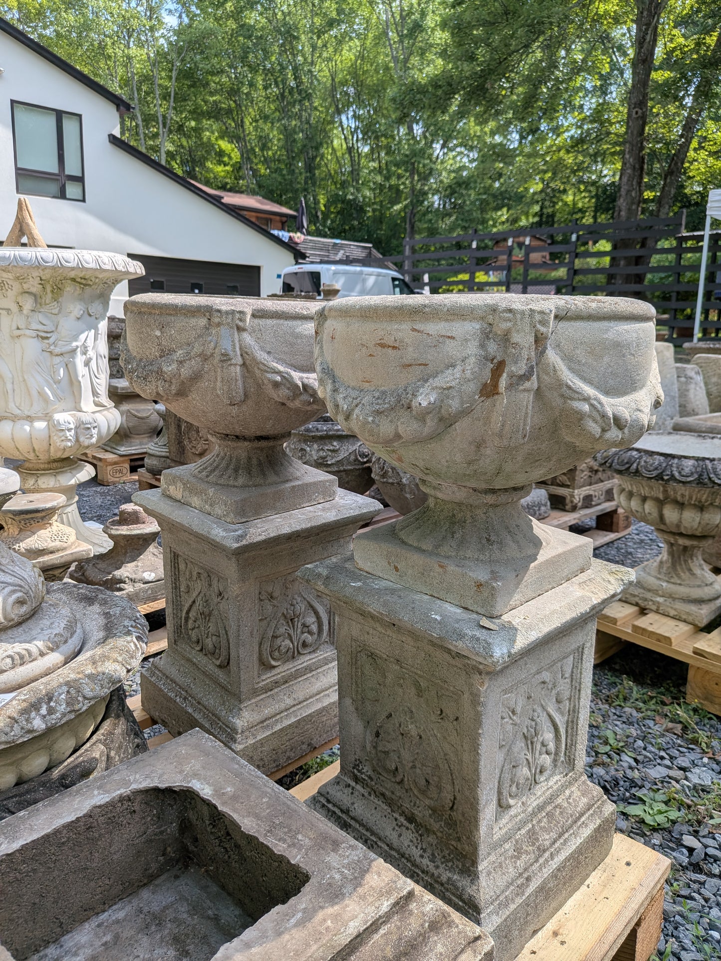 Pair of British Cast Stone Planters / Jardinieres on Plinths
