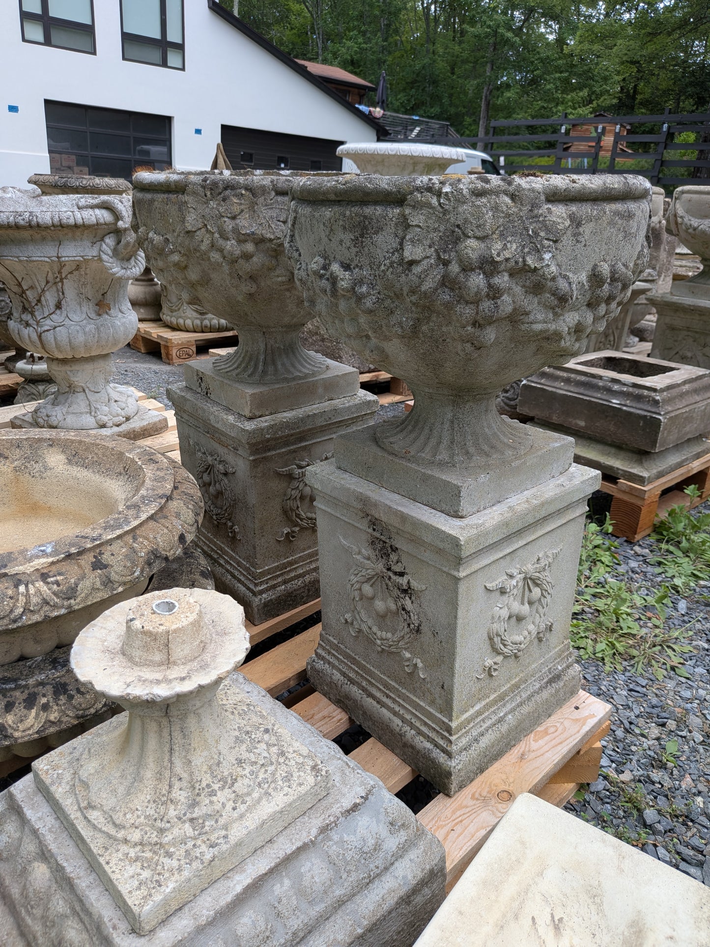 Pair of British Cast Stone Planters / Jardinieres on Plinths