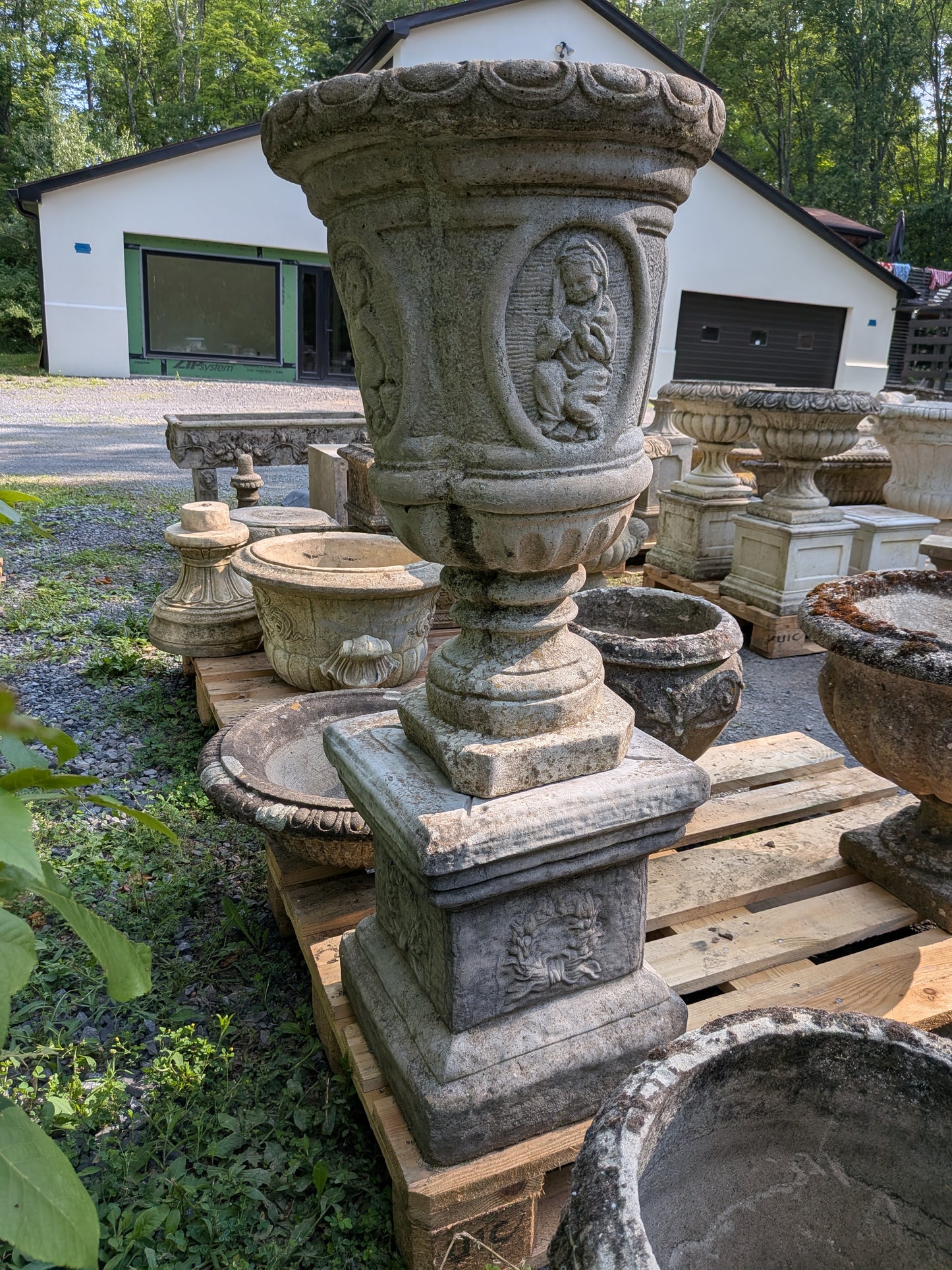 British Cast Stone Planter / Jardiniere on Plinth