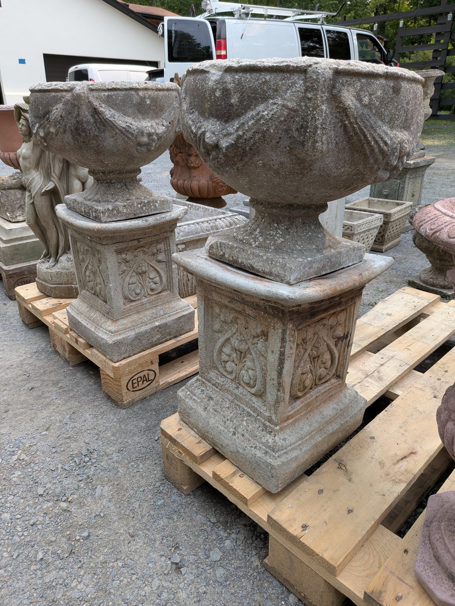 Pair of British Cast Stone Planters / Jardinieres on Plinths