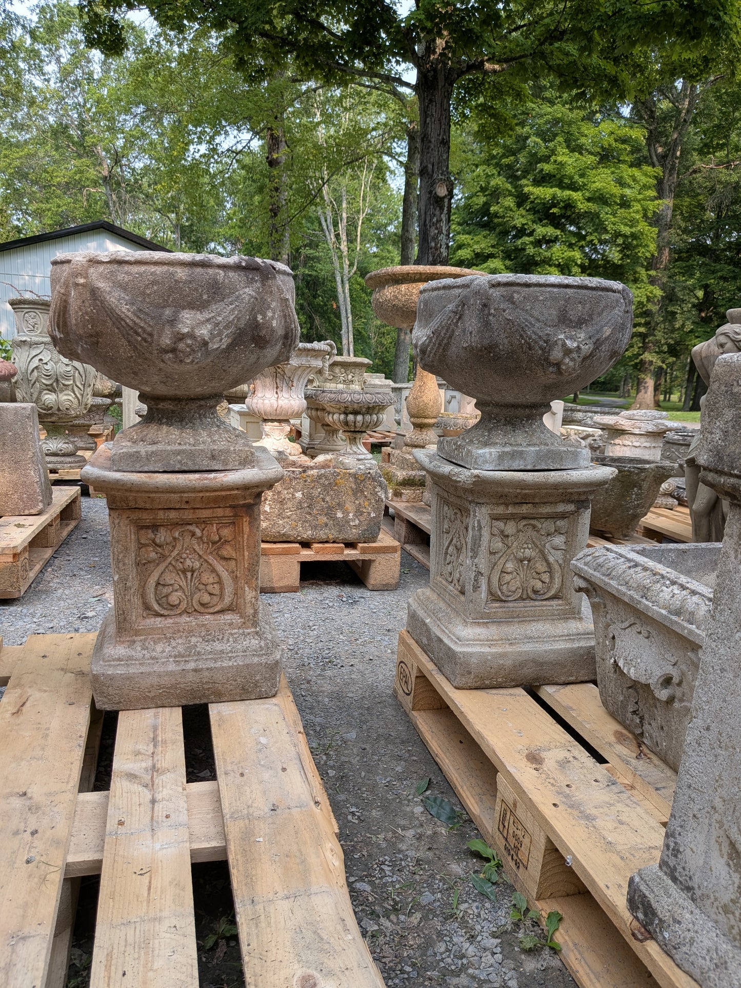 Pair of British Cast Stone Planters / Jardinieres on Plinths